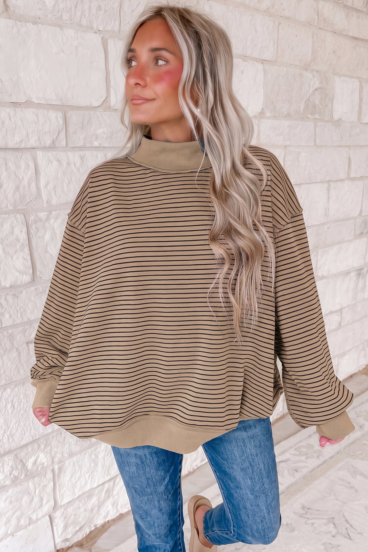 Khaki Stripe Ribbed Mock Neck Oversized Sweatshirt