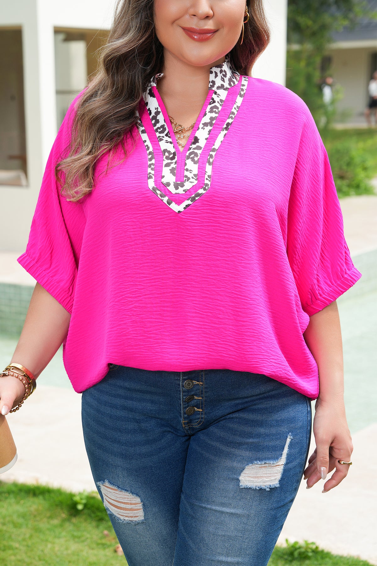 Rose Red Leopard Accent Notched Neck Plus Size Short-Sleeve Top