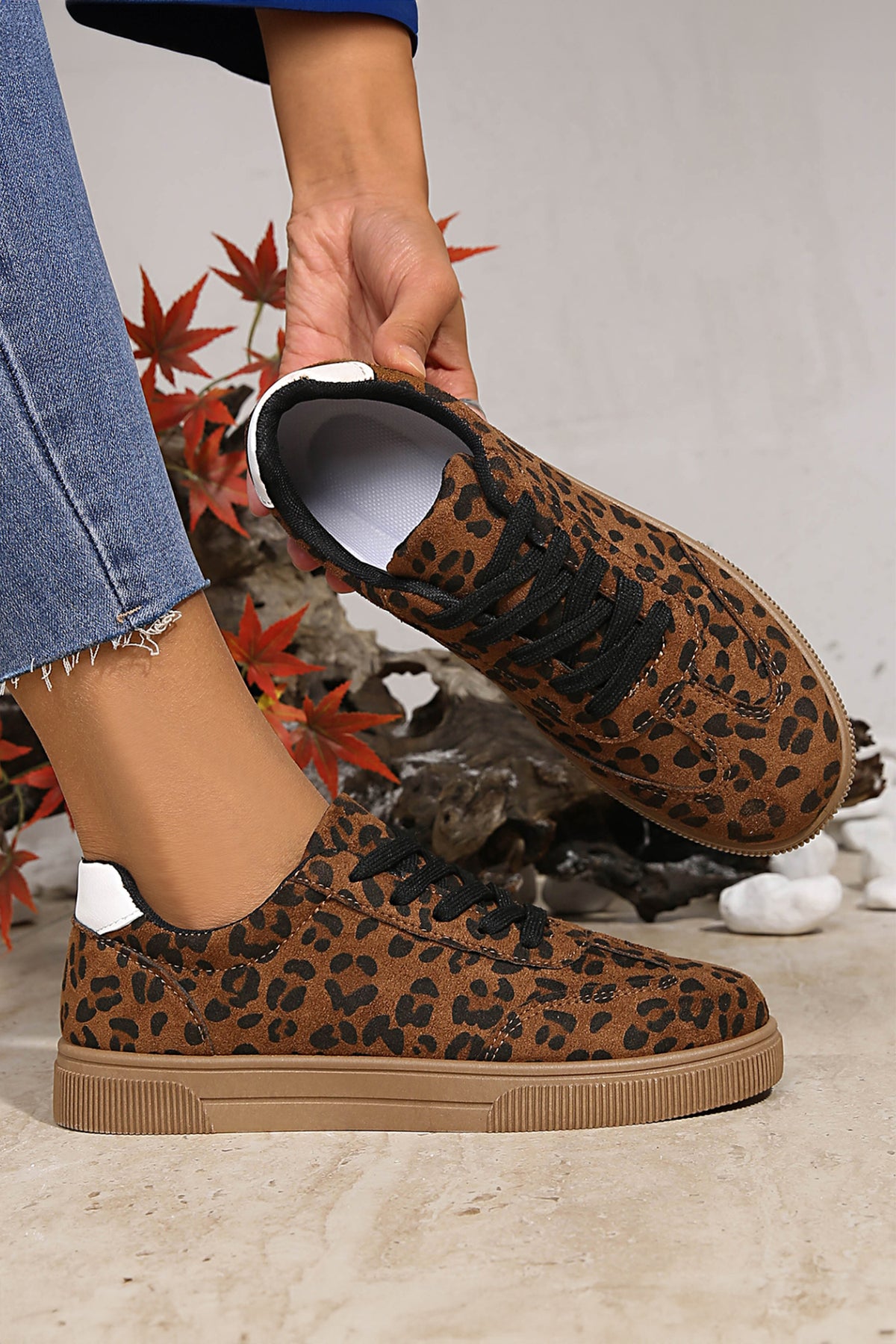 Coffee Leopard Patchwork Lace-Up Sneakers