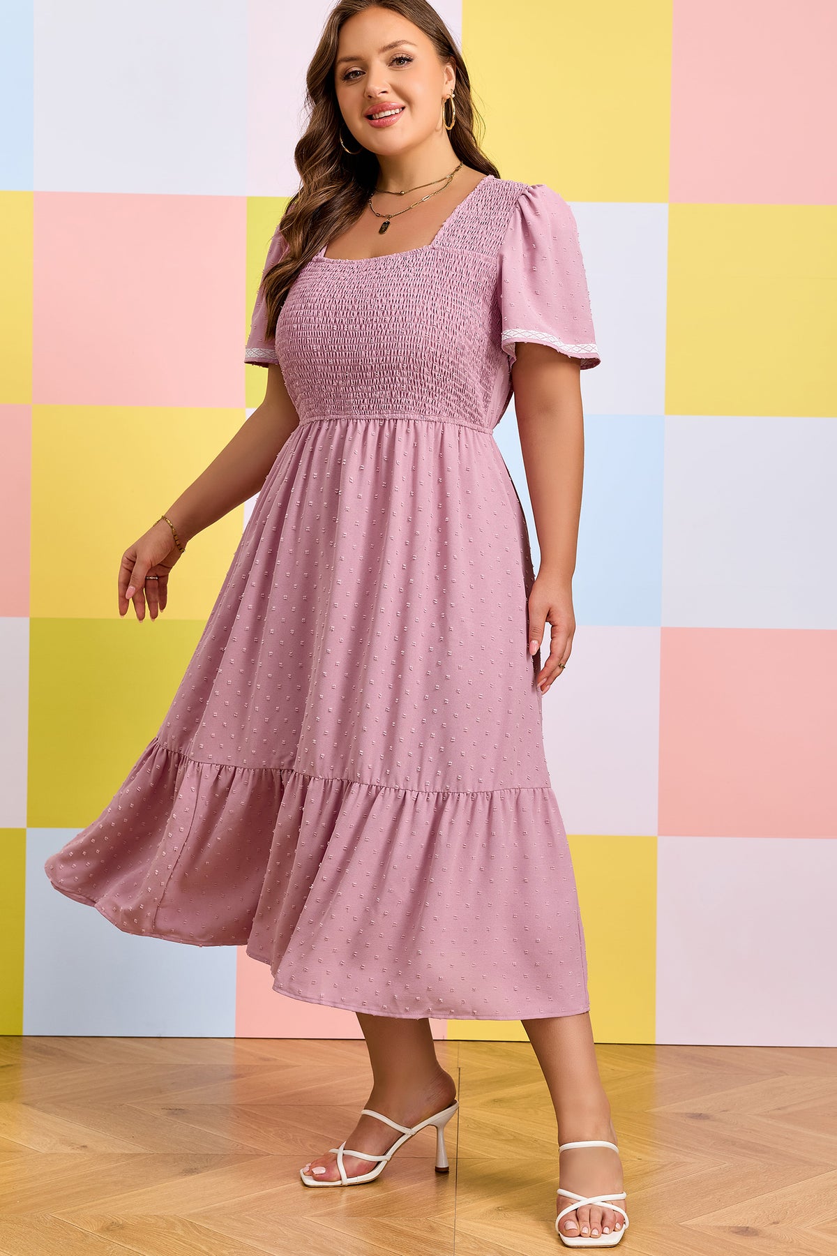 Pink Plus Size Swiss Dot Short-Sleeve Smocked High Waist Flowy Midi Dress