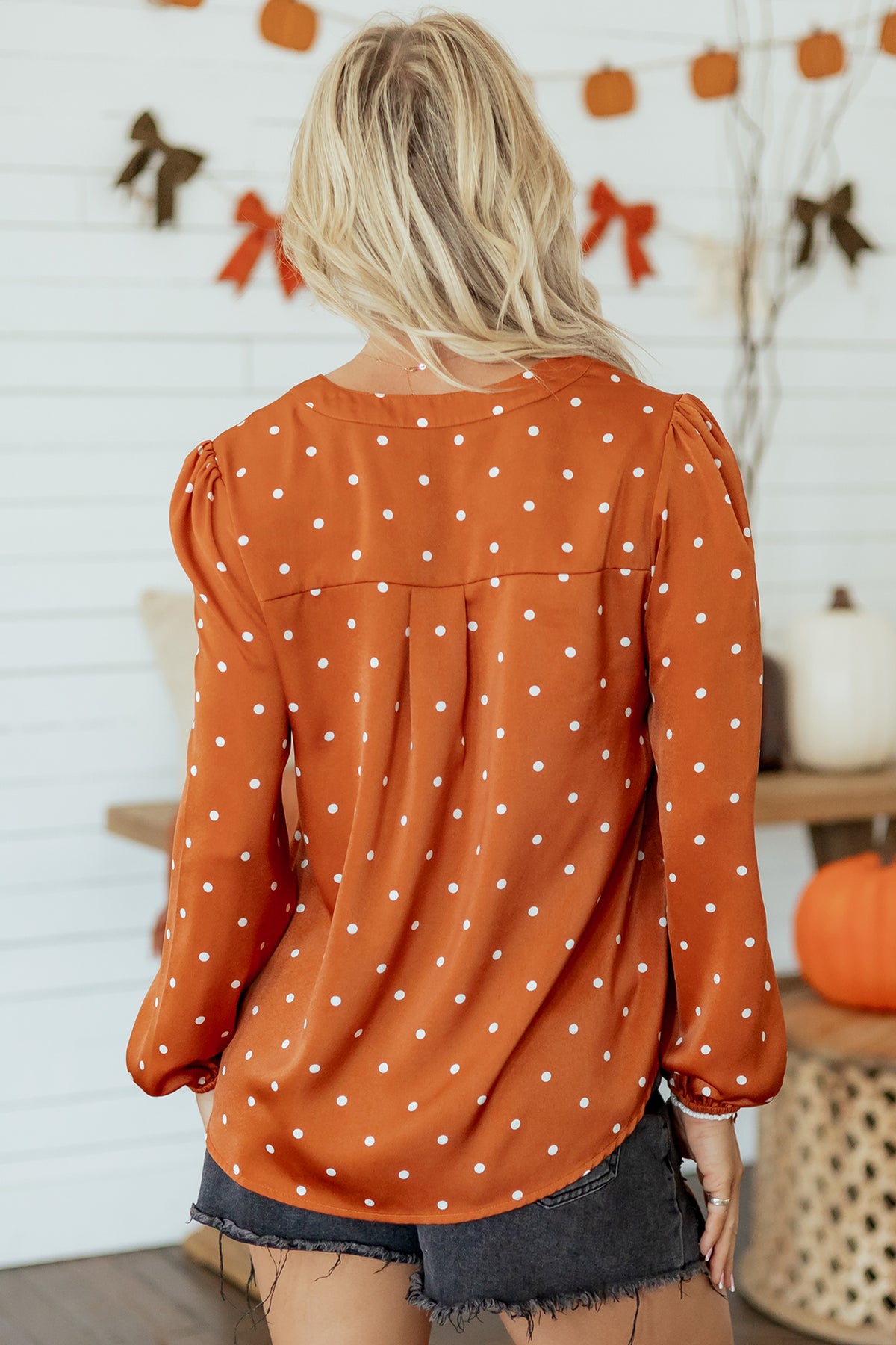 Brown Polka Dot Half Button V Neck Blouse