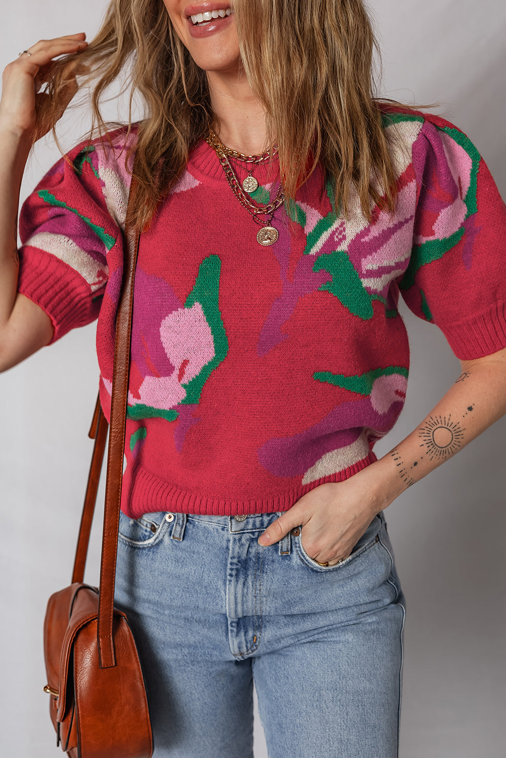 Red Floral Abstract Print Short Puff Sleeve Sweater