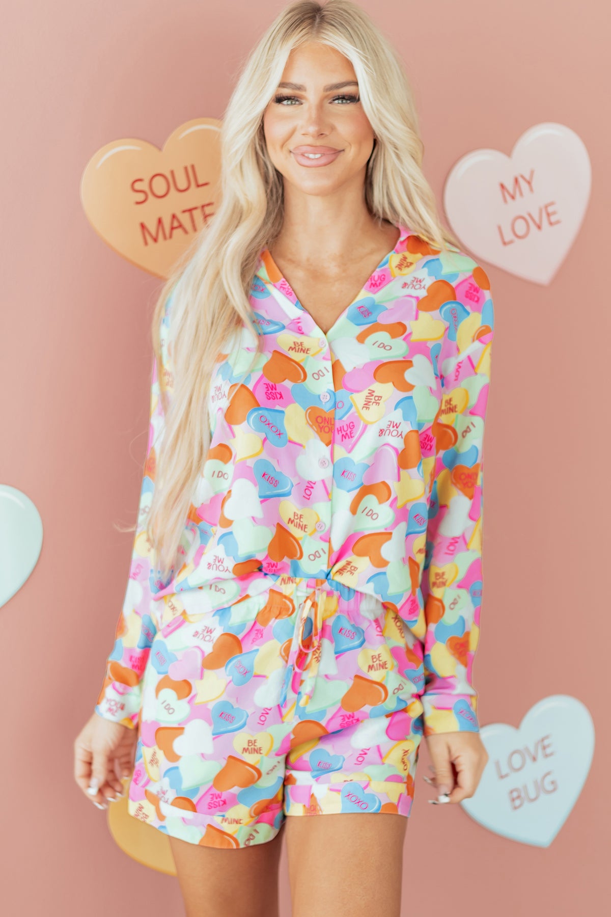 Pink Candy Heart V Neck Tunic Shirt and Shorts Pajama Set