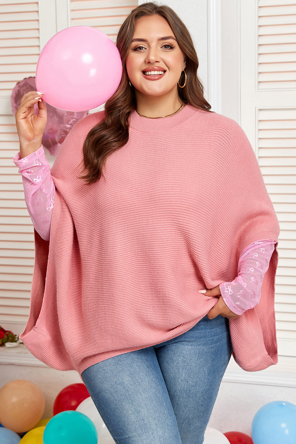 Light Pink Ribbed Knit Half-Sleeve Plus Size Poncho Style Sweater