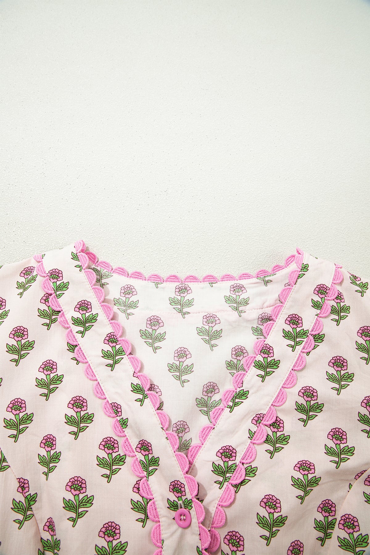 Pink Floral Print V Neck Scallop Trim Short Sleeve Long Dress