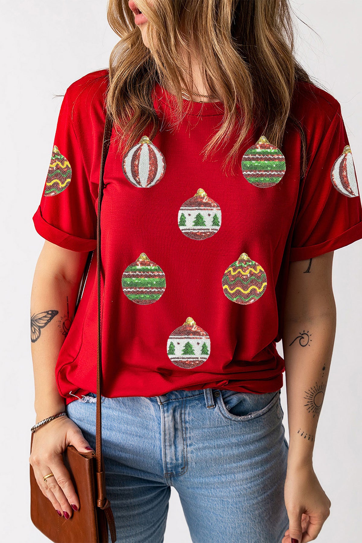 Red Christmas Ornament Bulbs Sequin Graphic Tee