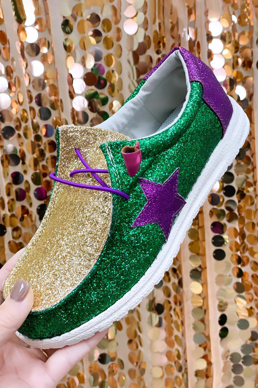 Tillandsia Purple Mardi Gras Star Glitter Color Block Patched Slip-On Shoes