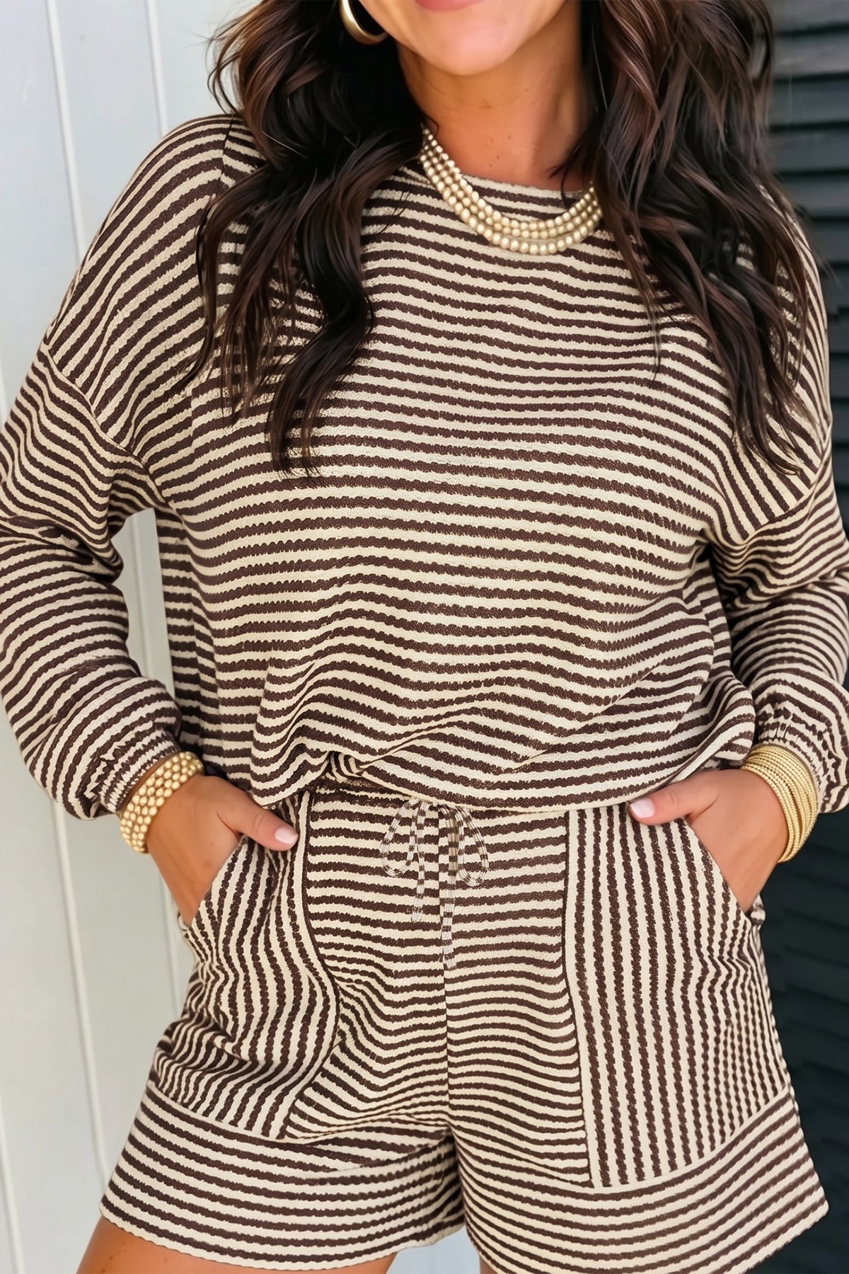 Women's Brown Stripe Textured Knit Long-Sleeve Top Elastic Waist Shorts Casual Outfit