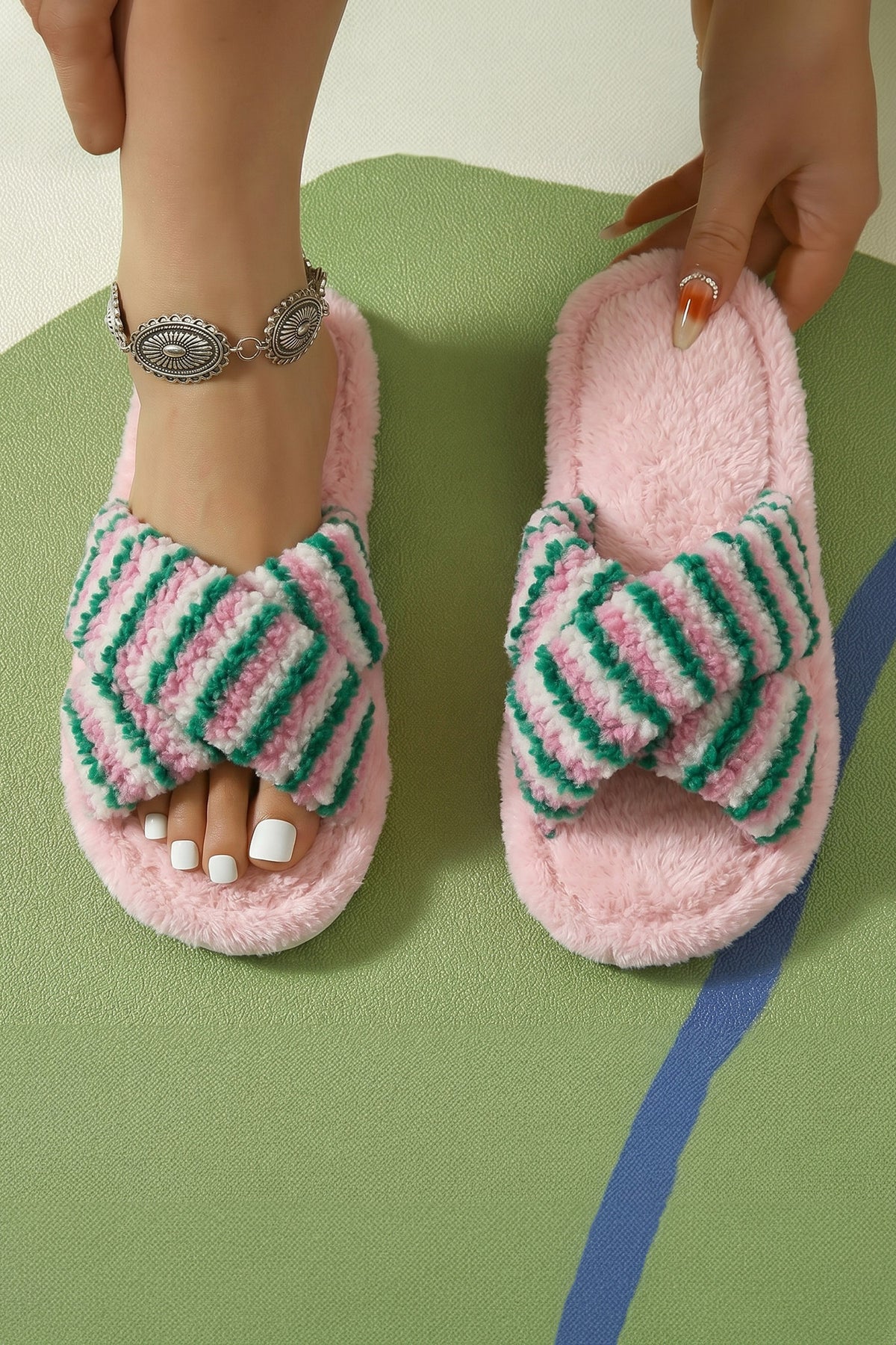 Pink Striped Cross Band Soft Plush Open-Toe Slippers