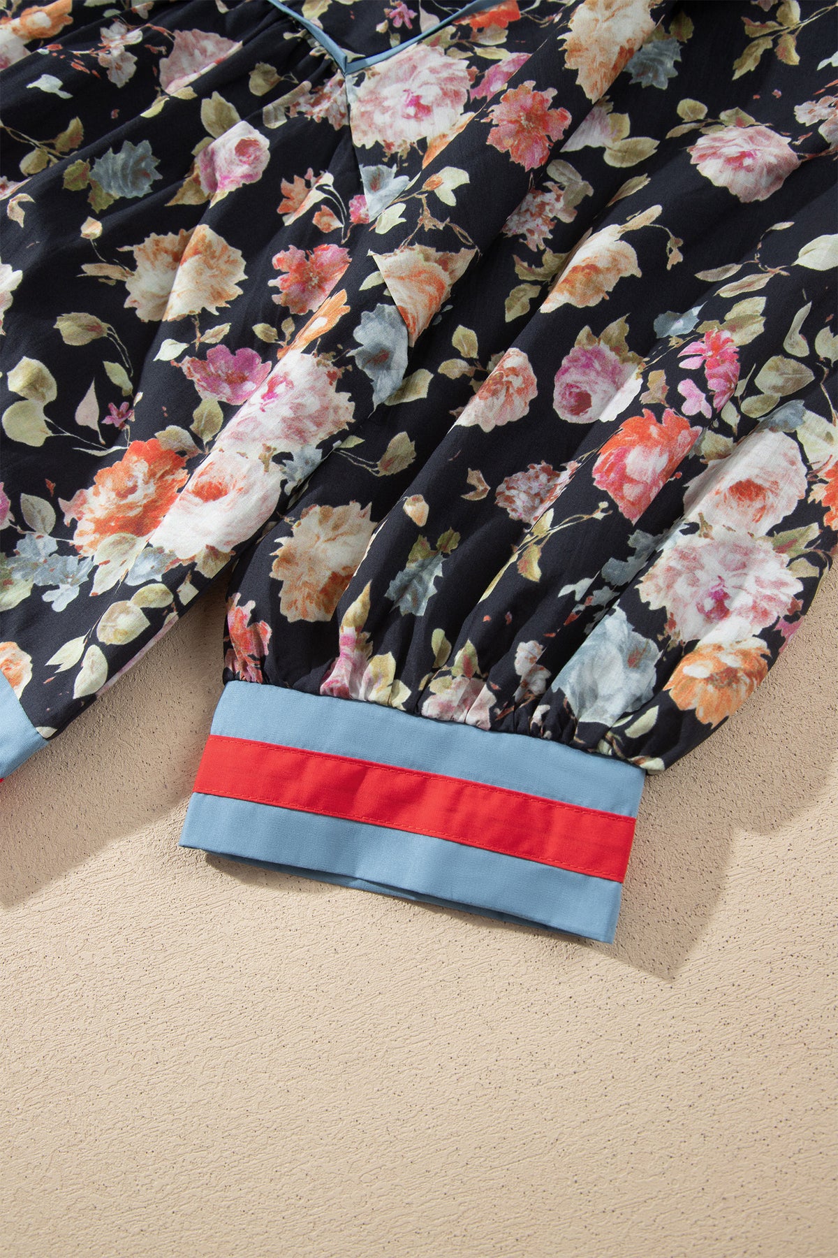 Black Floral Print Contrast Trim Tie V Neck Blouse