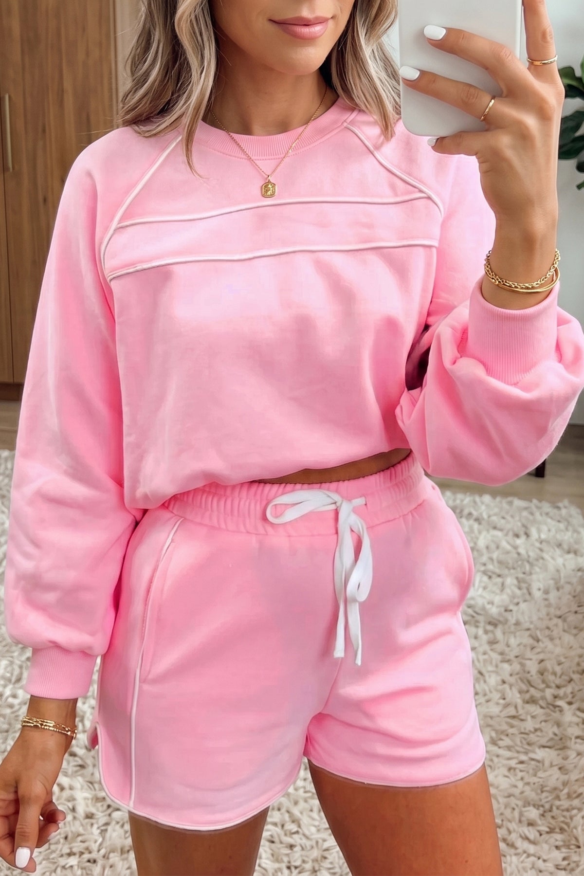 Women's Pink Piping Trim Long Sporty Pullover Shorts Set