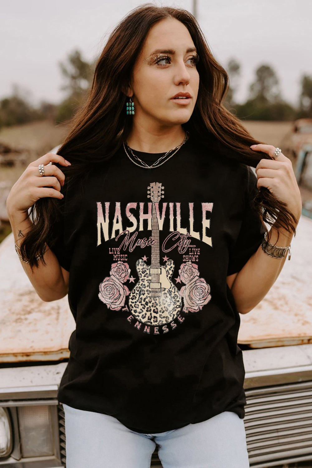 Black Nashville Music City Leopard Guitar Graphic T-Shirt