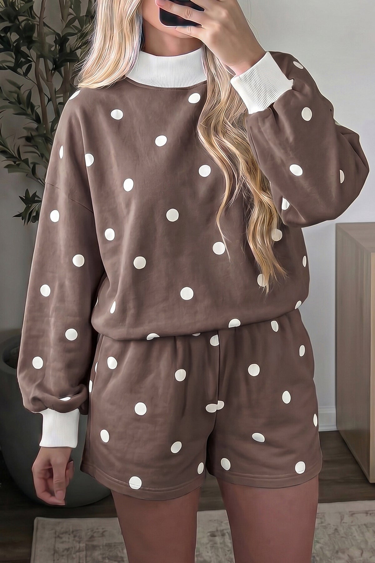 Women's Pink Polka Dot Ribbed Trim Long-Sleeve Top Casual Shorts Set