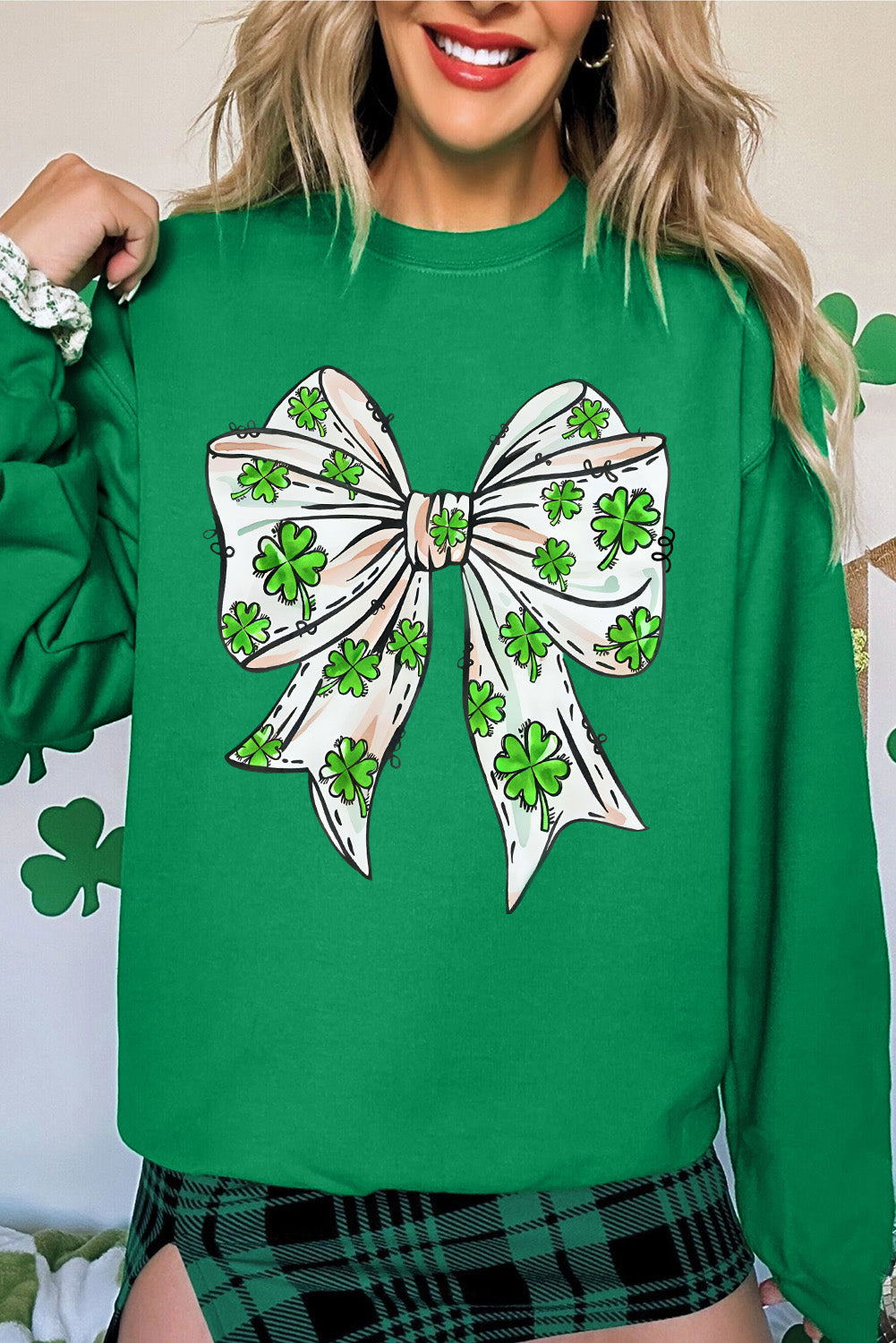 Dark Green St Patricks Clover Bow Printed Drop Shoulder Sweatshirt