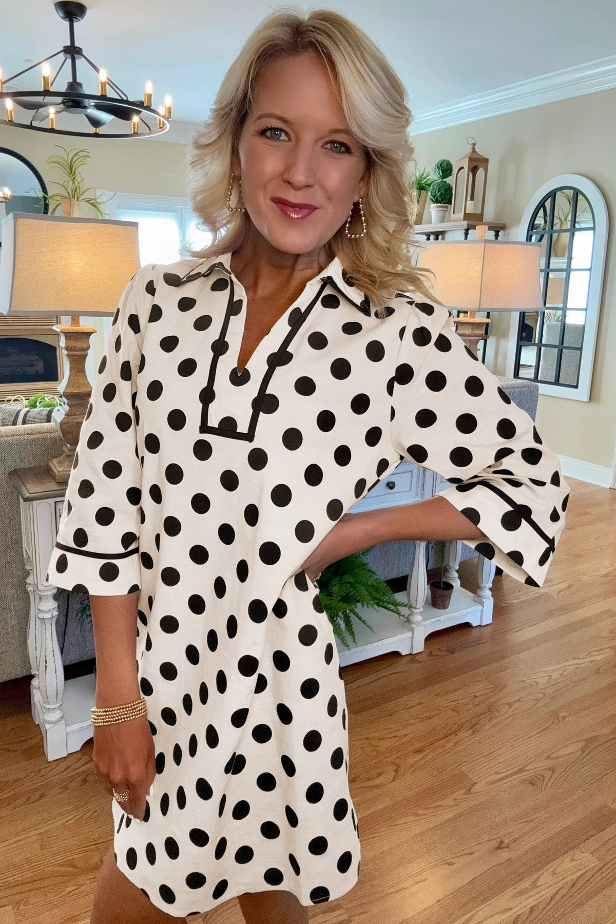 White Polka Dot Half Sleeve Collar V Neck Pocketed Mini Dress