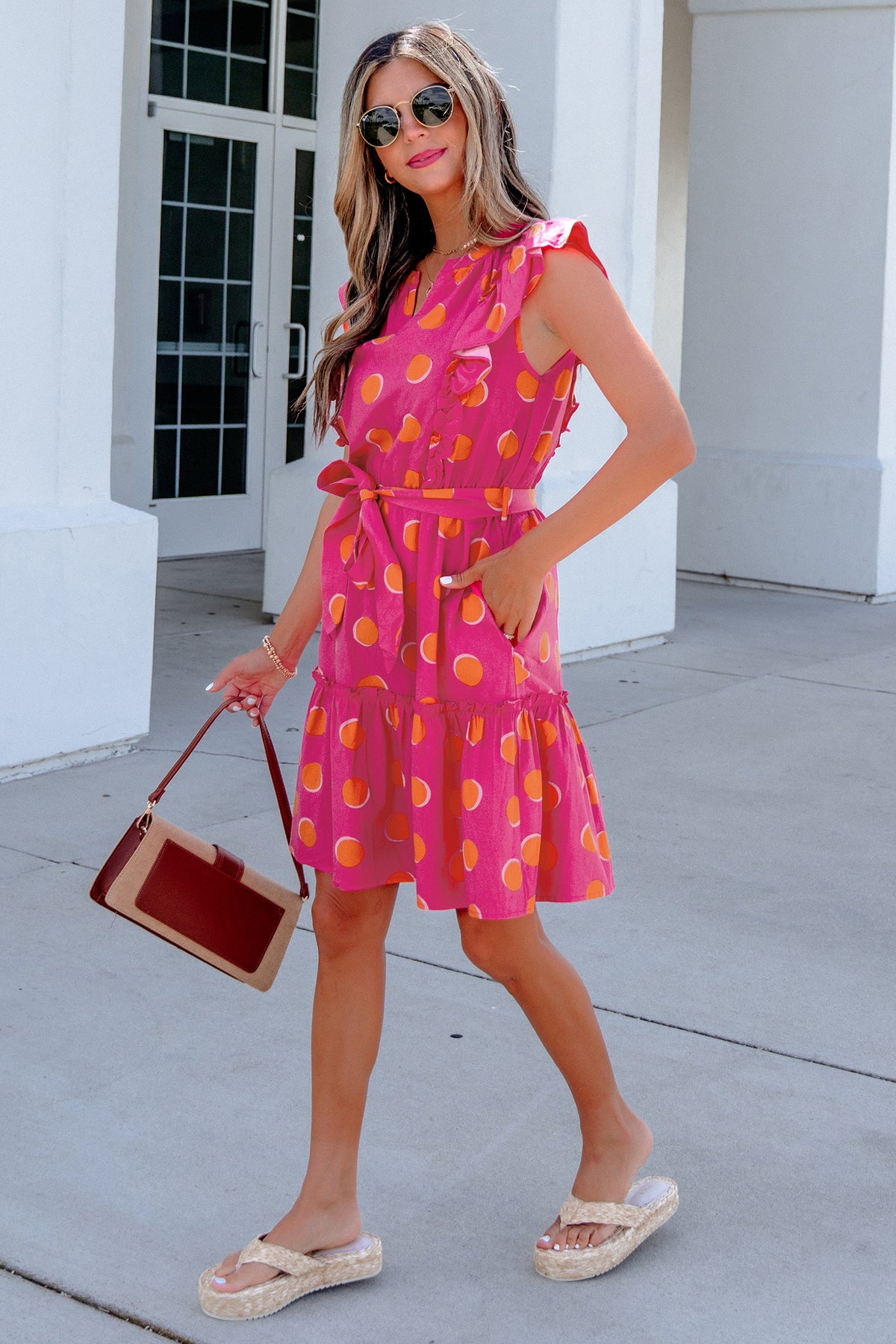 Rose Polka Dot Ruffle V-Neck Mini Dress