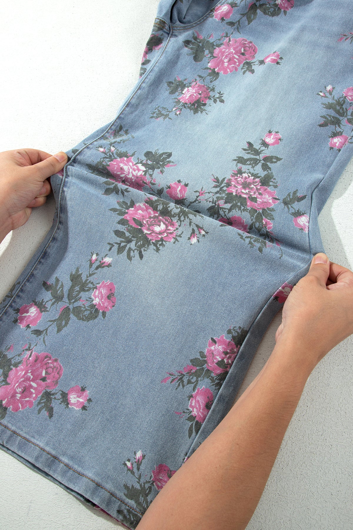 Sky Blue Plus Size Floral Print Ankle-Length Loose Jeans