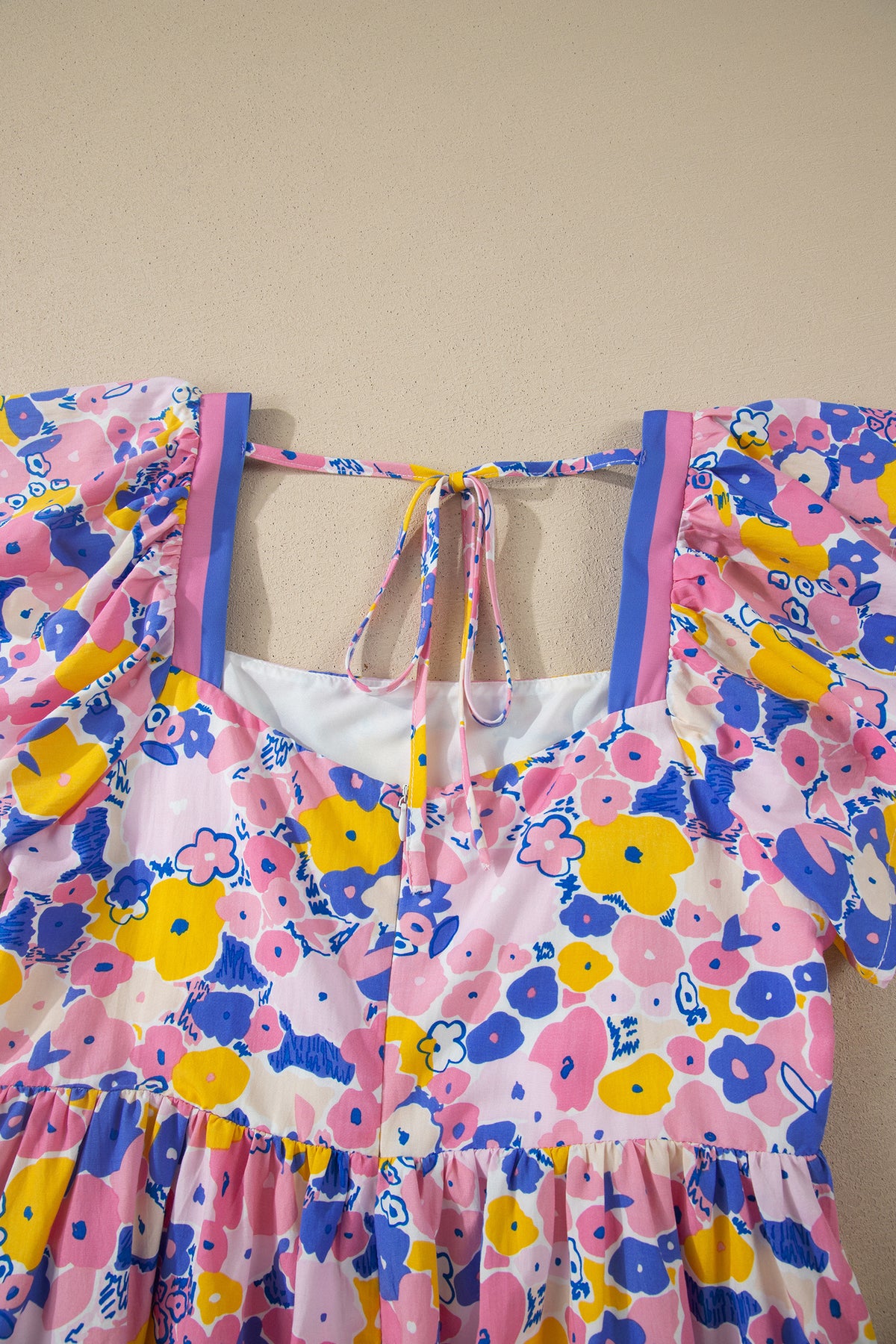 Multicolour Floral Print Flutter Sleeve Striped Square Neck Mini Dress