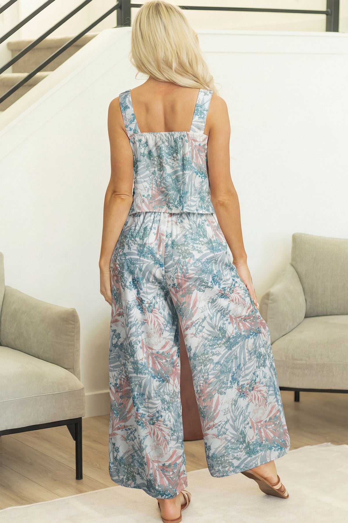 Women's Green Tropical Palm Printed Cropped Tank Wide Leg Pants Two-Piece Set