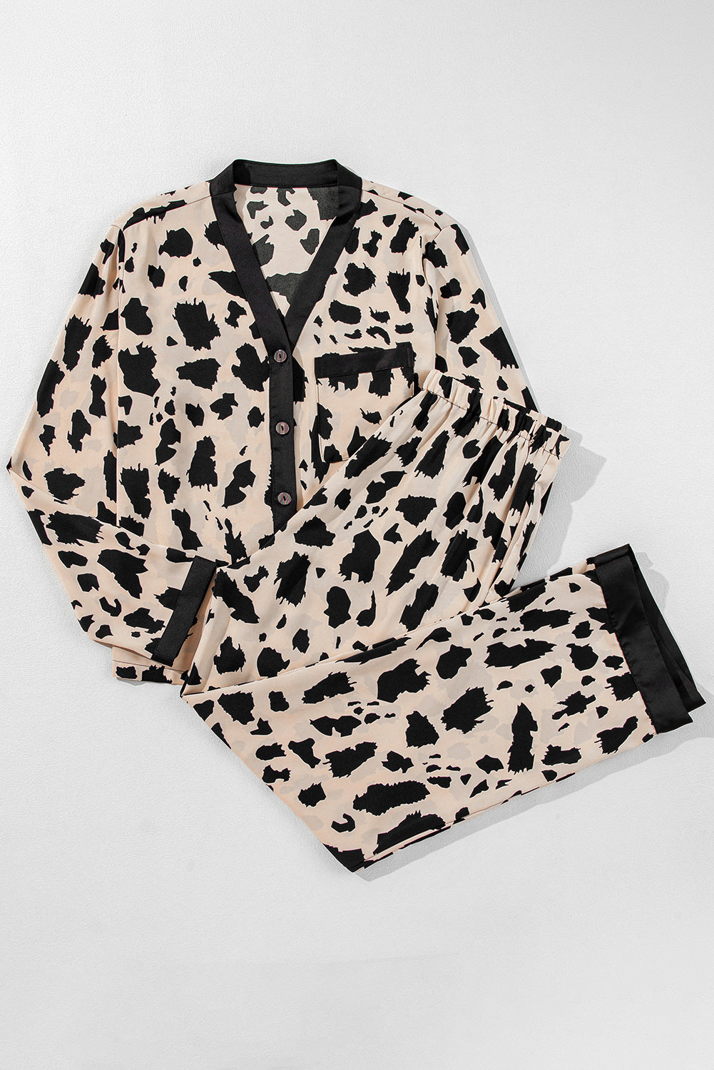 Khaki Cheetah Contrast Trim Loose Fit Pajama Set