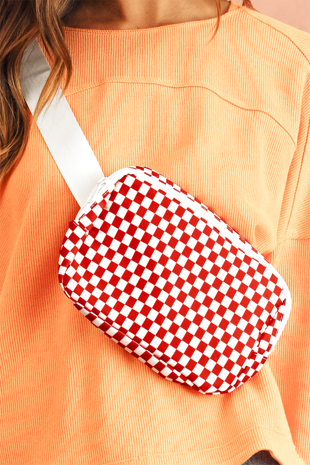 Fiery Red Checkered Print Zipped Buckle Strap Crossbody Bag