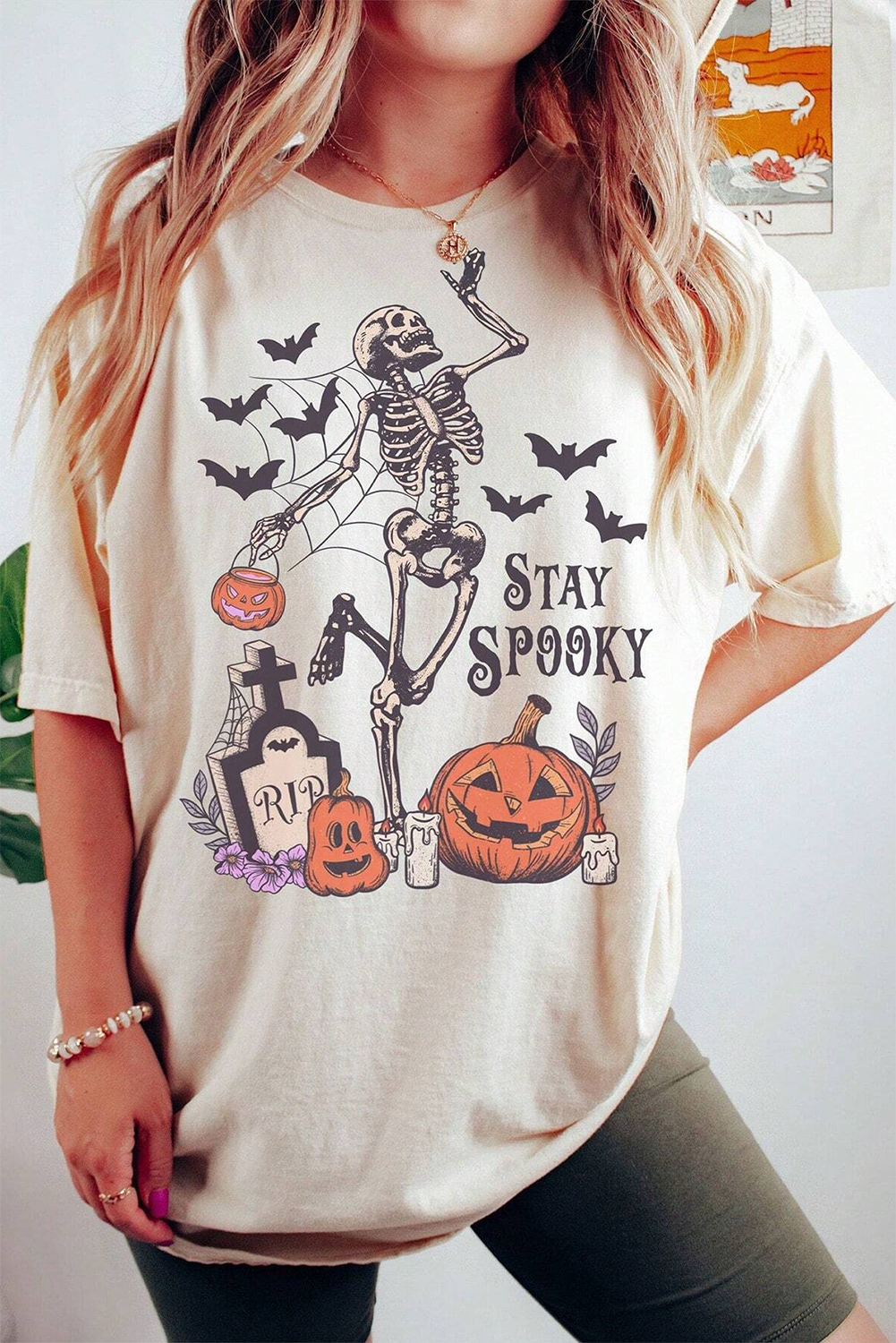 White Skull Pumpkin Face STAY SPOOKY Graphic Halloween T-Shirt