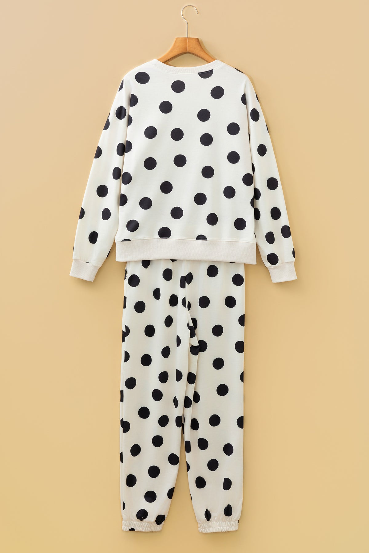 Women's Beige Polka Dot Print Drop Shoulder Pullover Jogger Pants Two-Piece Set