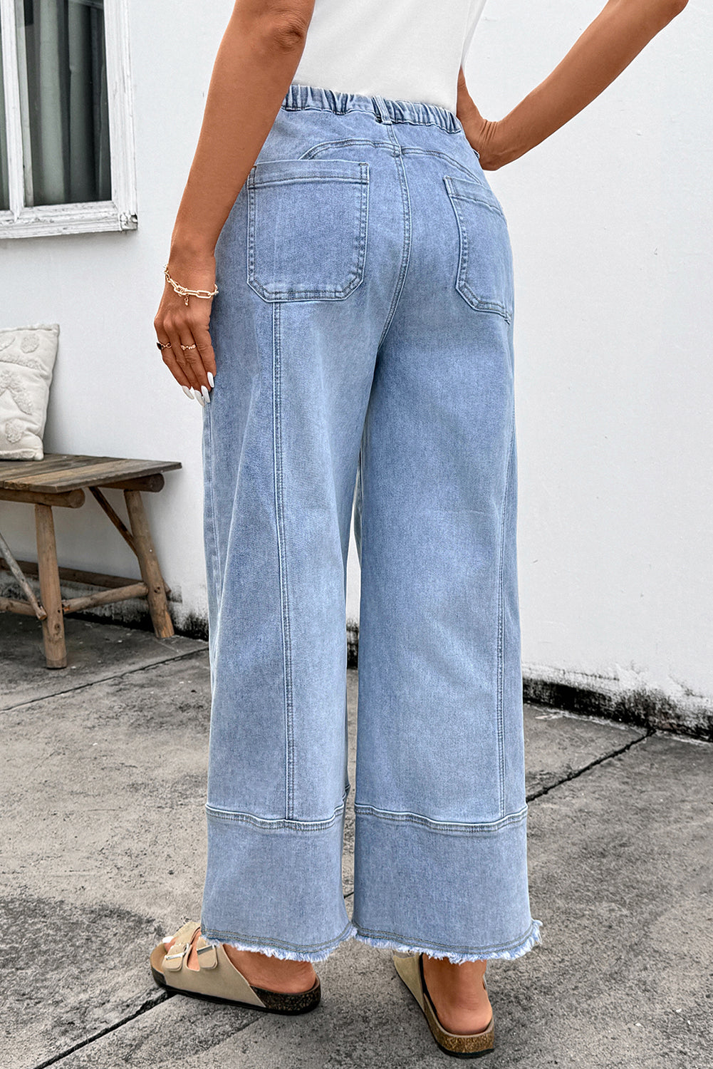 Prussian Blue Drawstring Seam Raw Hem Wide Leg Denim Pants