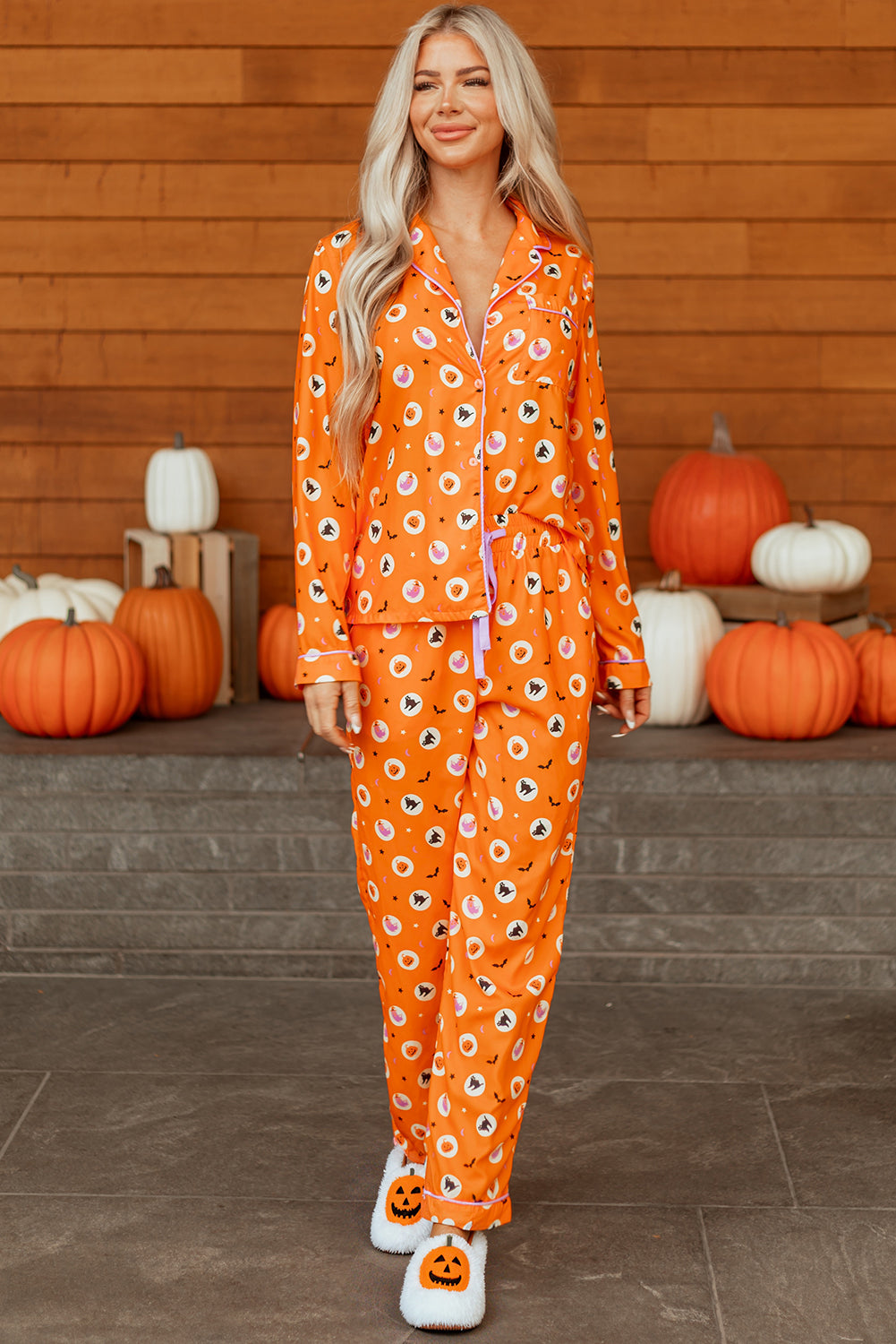 Orange Halloween Print Lapel Shirt Long Pajama Set