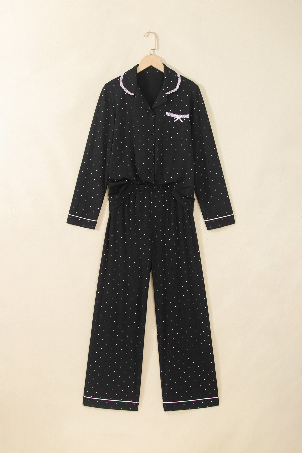 Black Polka Dot Long Sleeve Shirt Lace Detail Pajama Pants Set