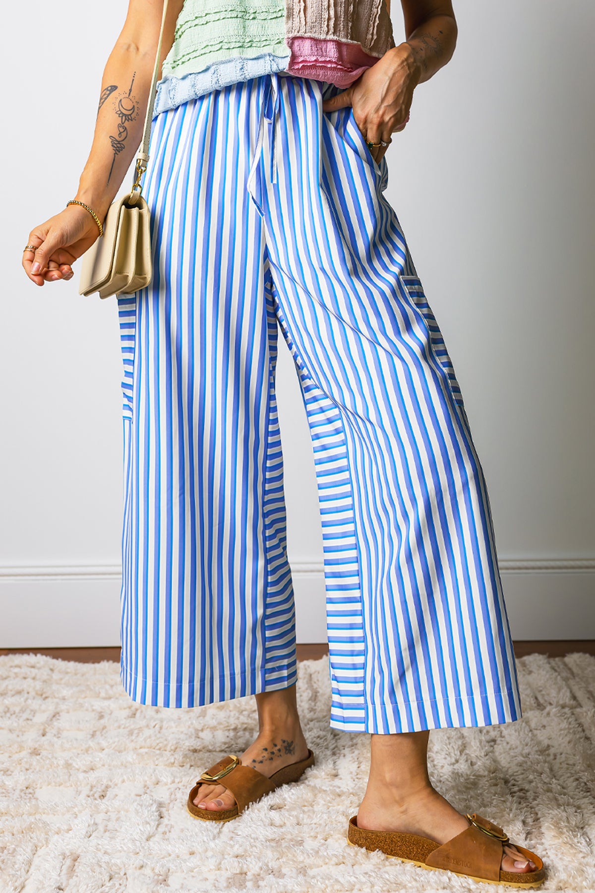 Sky Blue Stripe Drawstring Elastic Waist Patch Pocket Wide Leg Pants