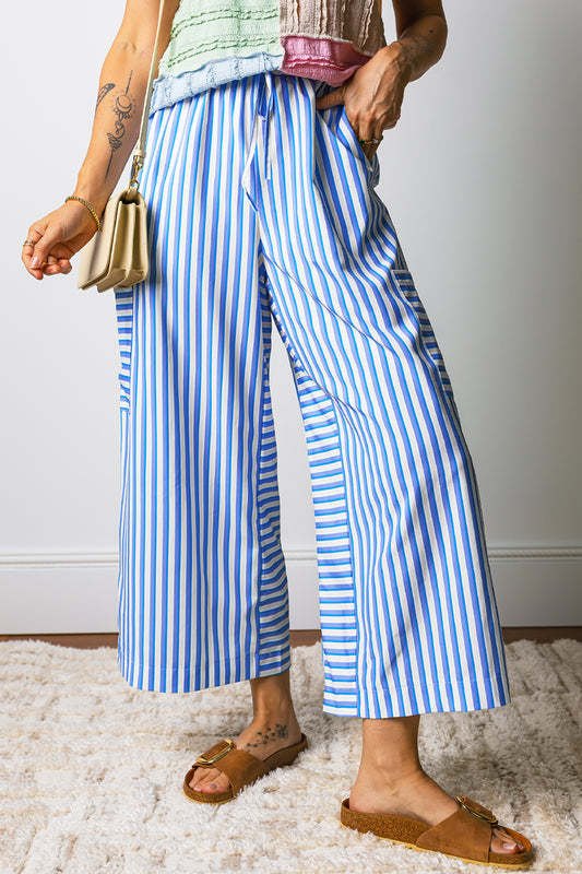 Sky Blue Stripe Drawstring Elastic Waist Patch Pocket Wide Leg Pants