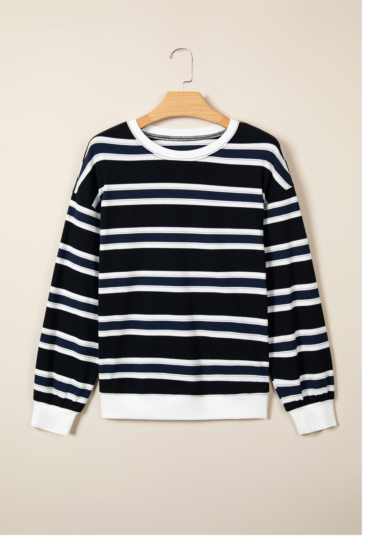 Blue Stripe Ribbed Trim Drop Shoulder Sweatshirt