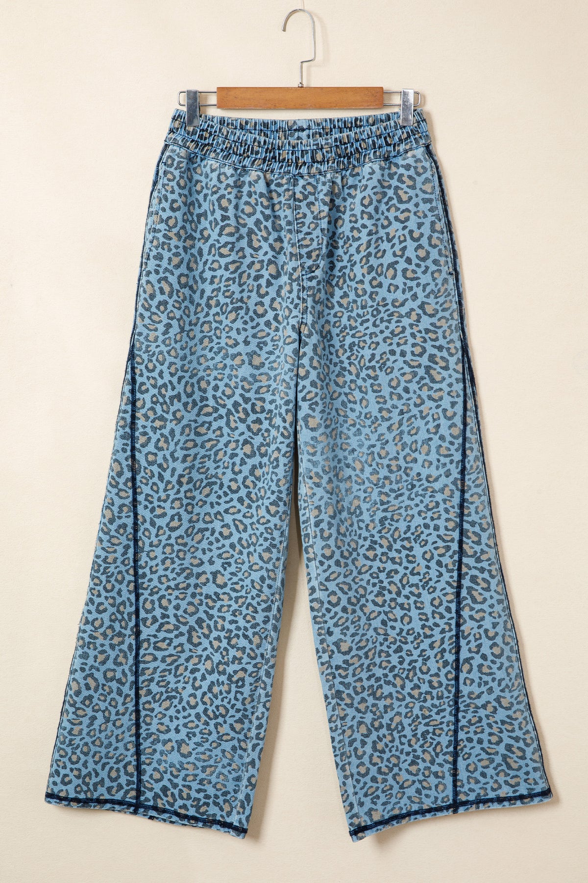 Blue Leopard Print Exposed Seam Wide Leg Drawstring Jeans