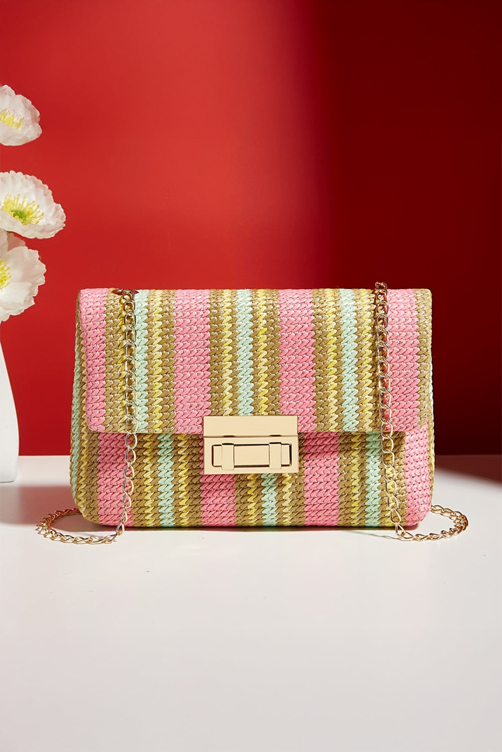 Pink Stripe Woven Flap Chain Strap Shoulder Bag