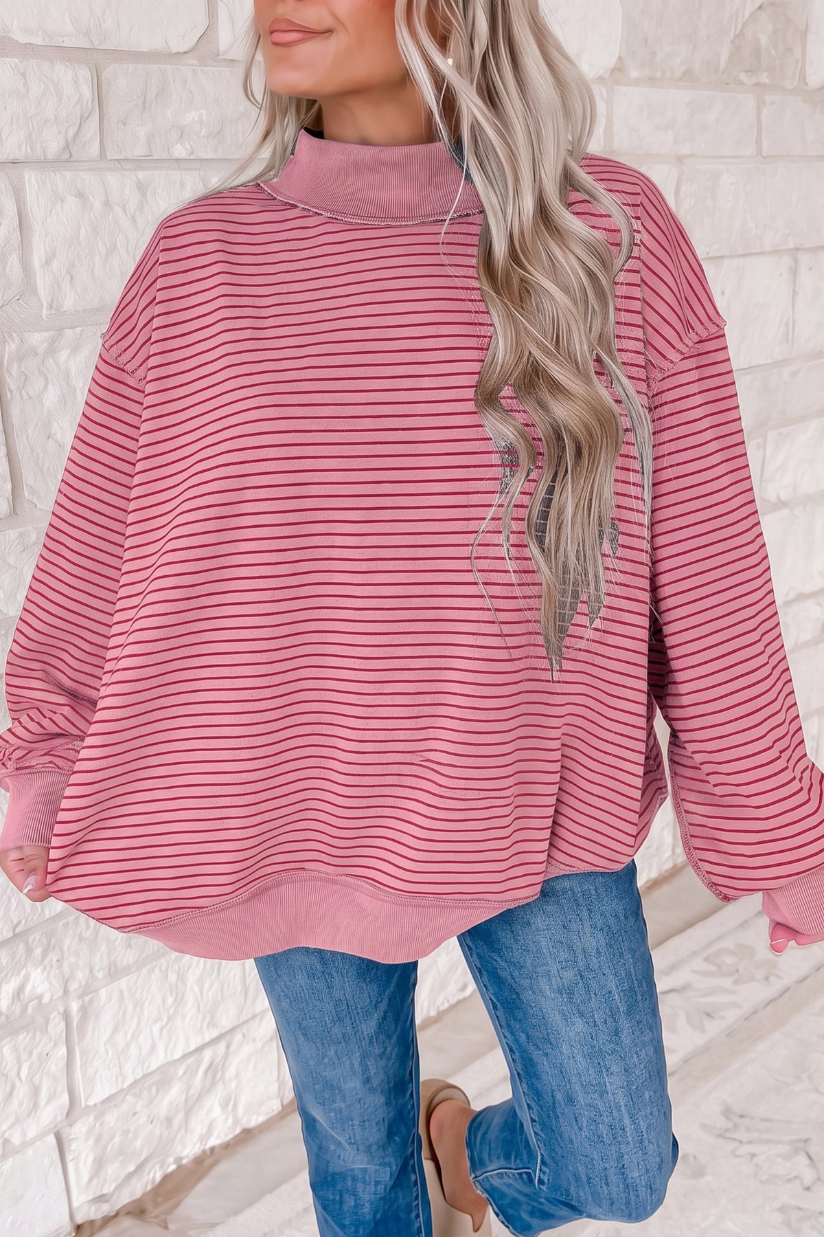 Khaki Stripe Ribbed Mock Neck Oversized Sweatshirt