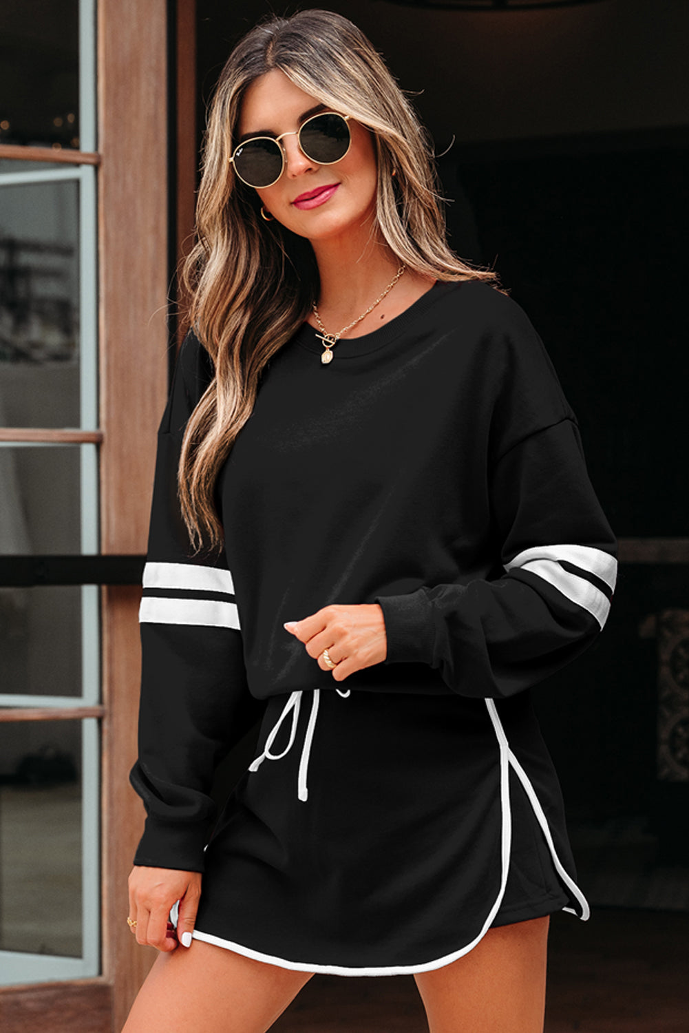 Women's Tillandsia Purple Varsity Stripe Detail Drop Shoulder Pullover Mini Skort Two-Piece Set