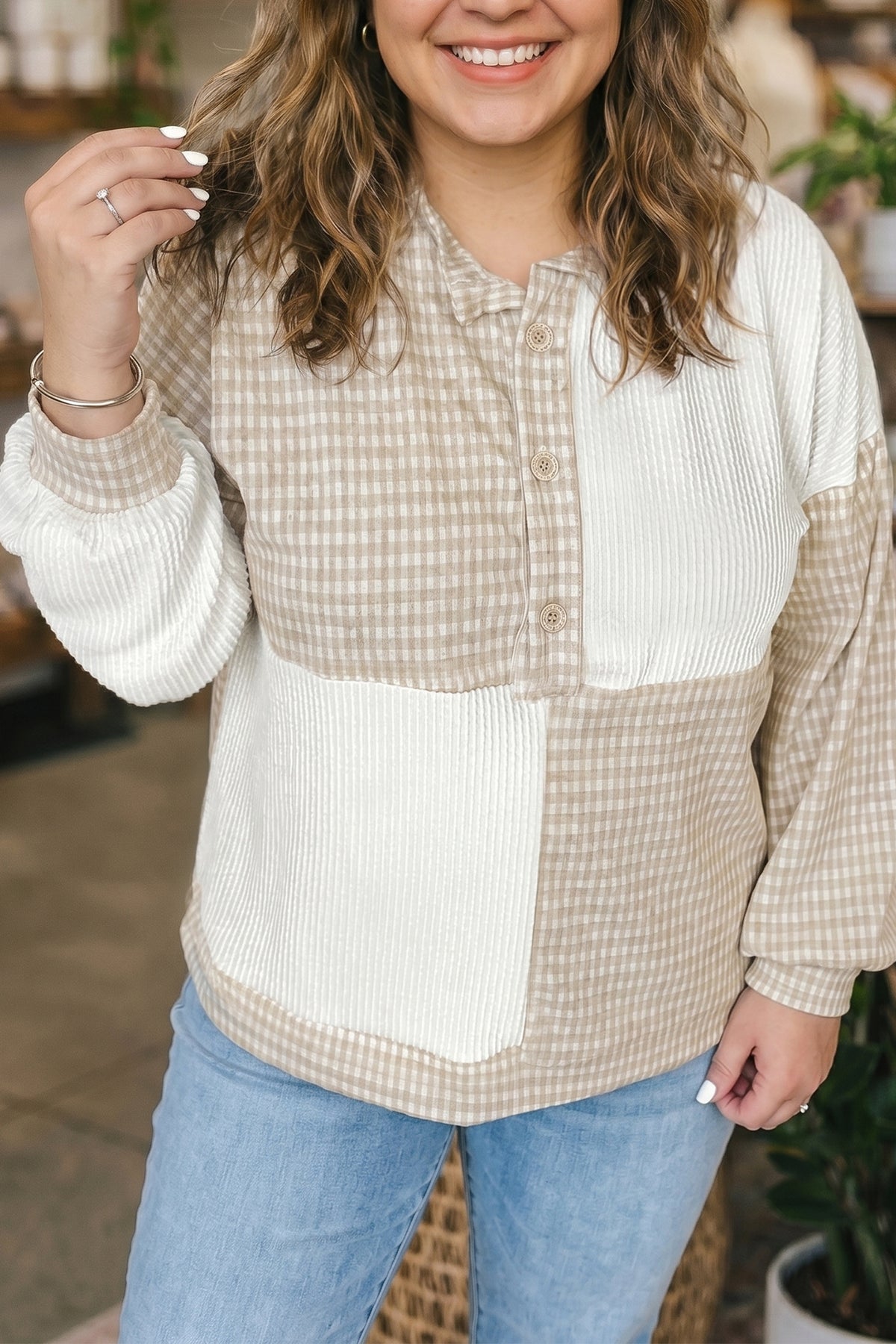 Khaki Patchwork Checkered Long-Sleeve Round-Neck Plus Size Blouse