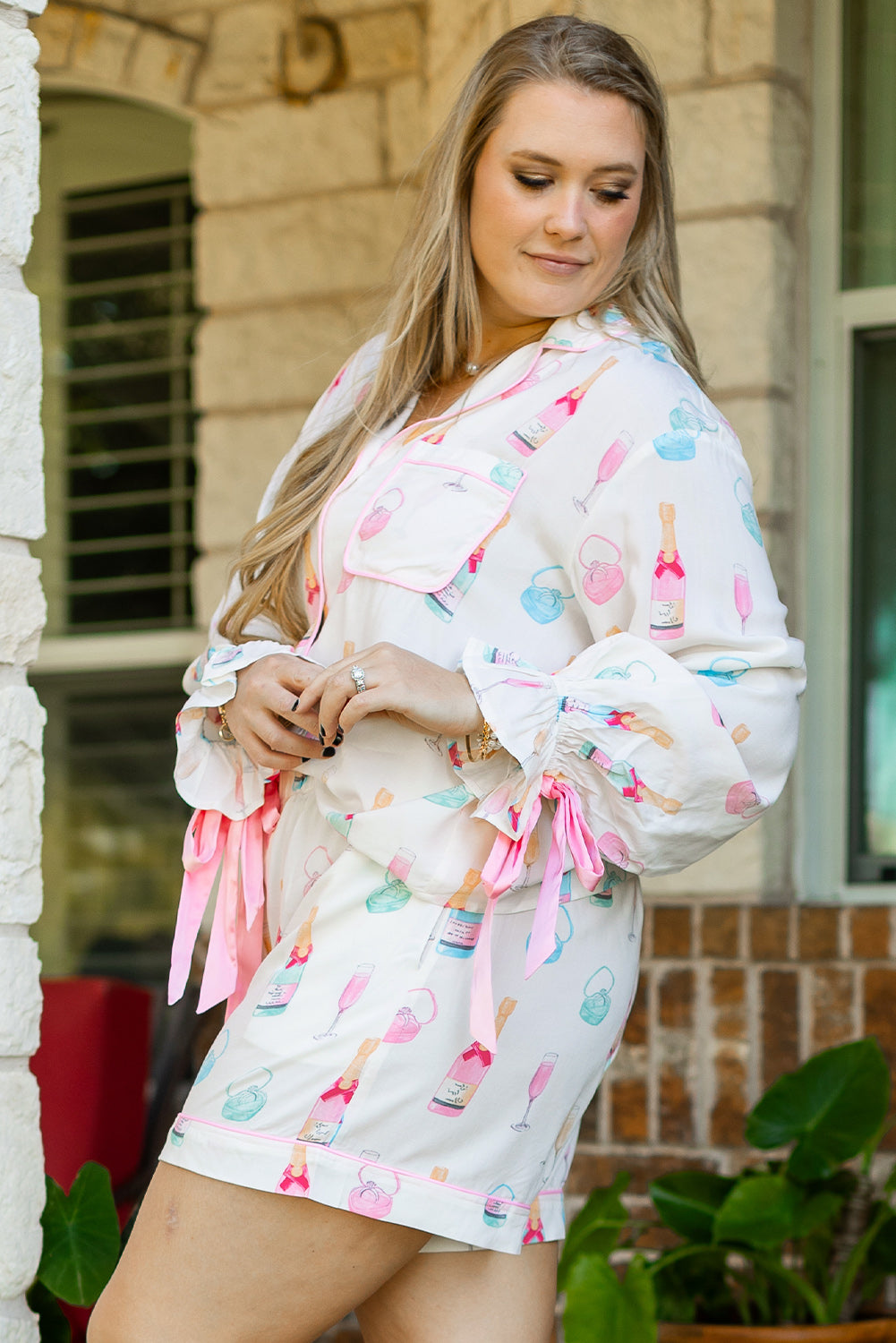 White Plus Size Wine Glass Print Bow-Knot Pajama Set