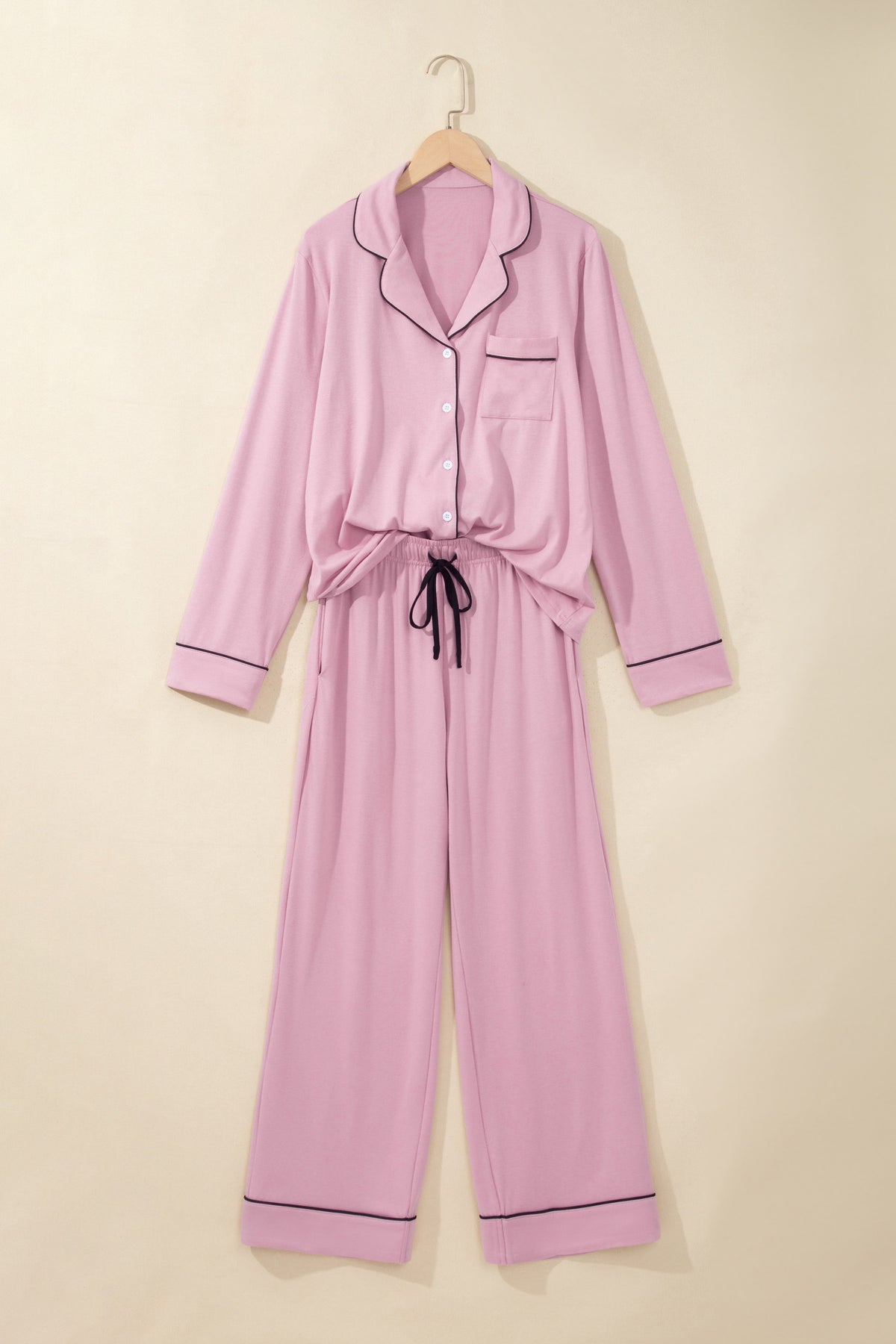 Delicacy Contrast Piping Lapel Button Down Pajama Set