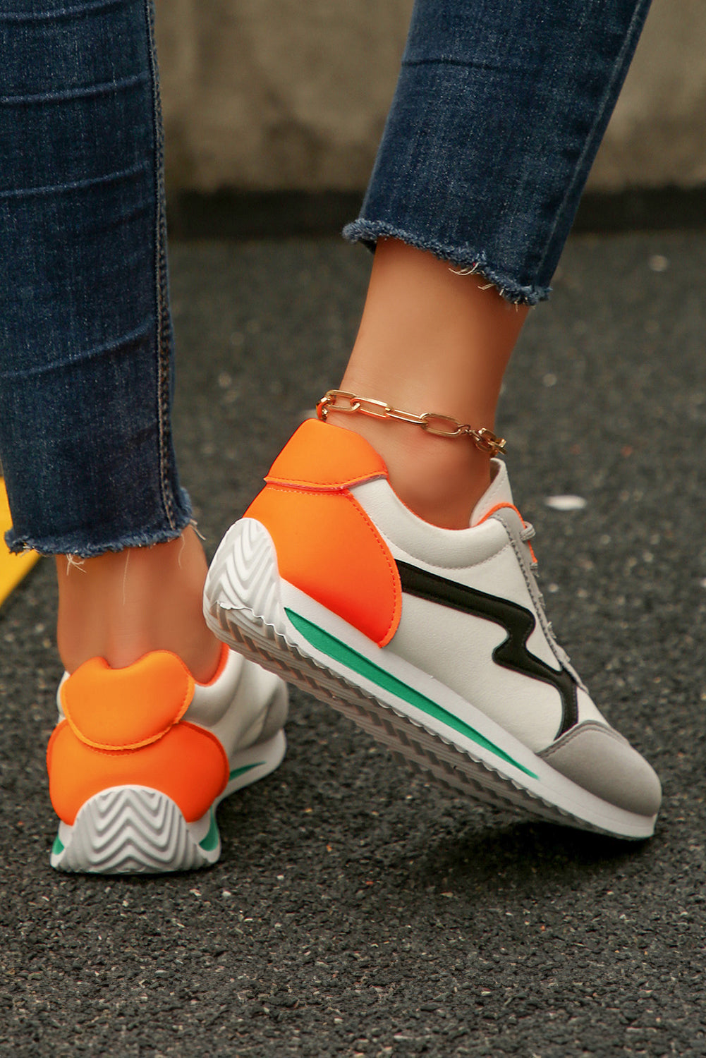 White PU Leather Color Block Patchwork Lace-Up Sneakers