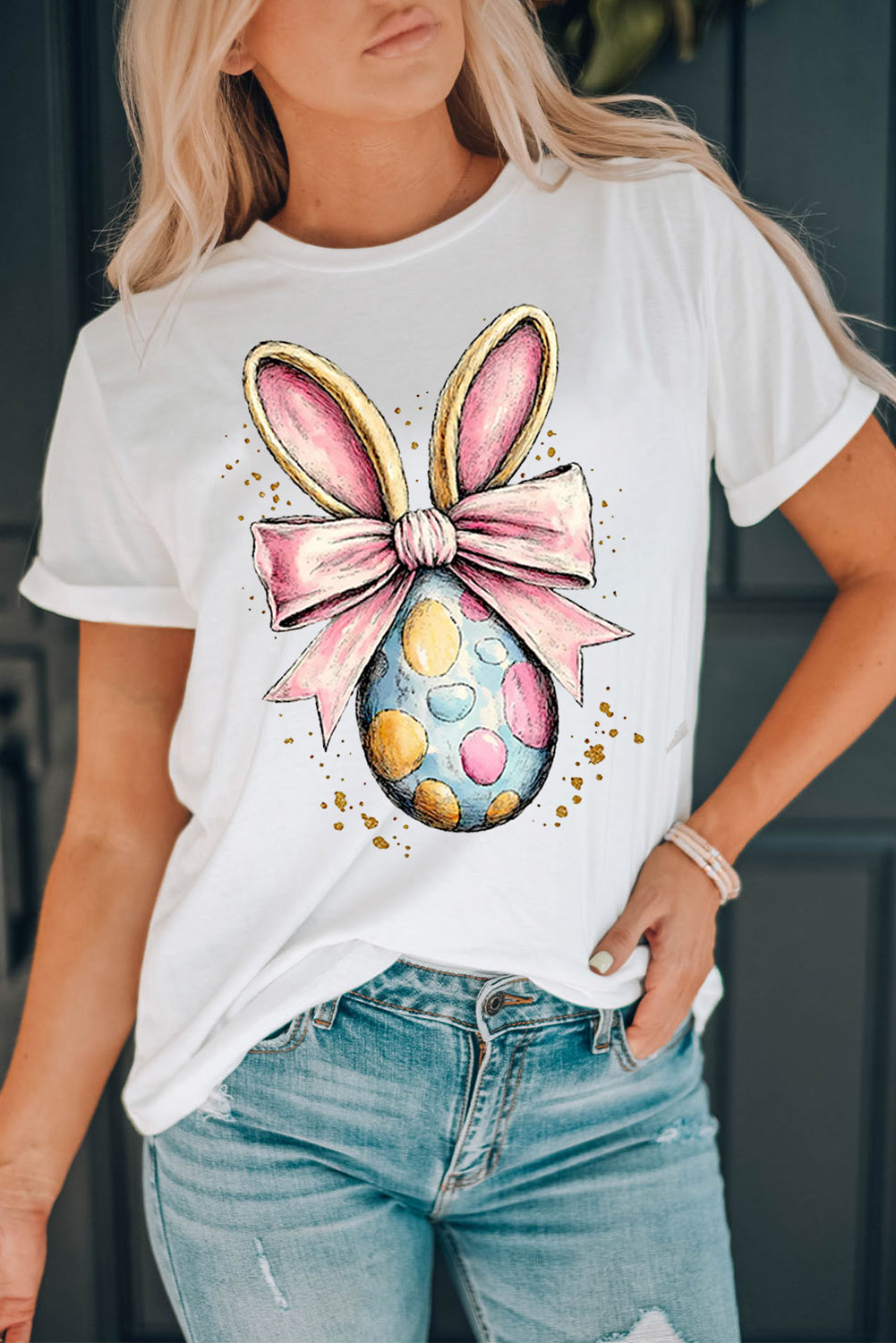 White Easter Egg Bow Bunny Ear Printed T-Shirt