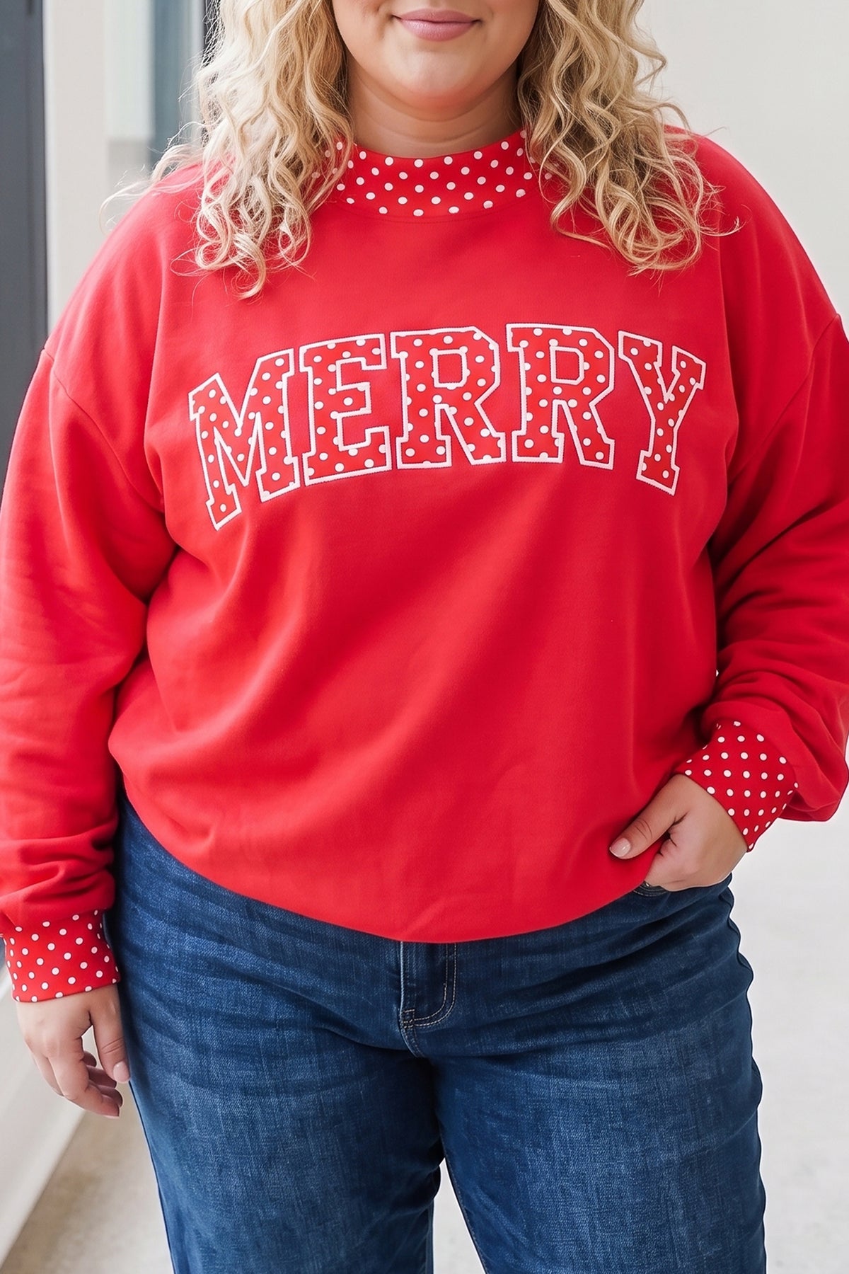Fiery Red Casual Polka Dot Patchwork Letter Graphic Plus Size Sweatshirt