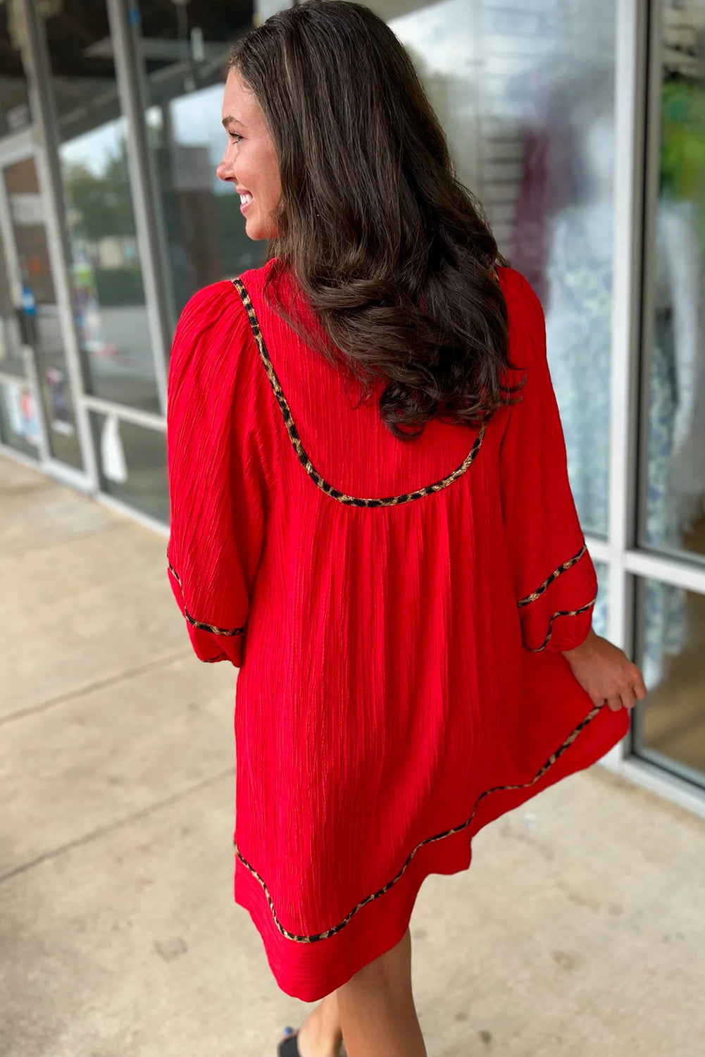 Fiery Red Textured V Neck Leopard Trim Long Sleeve Shift Mini Dress
