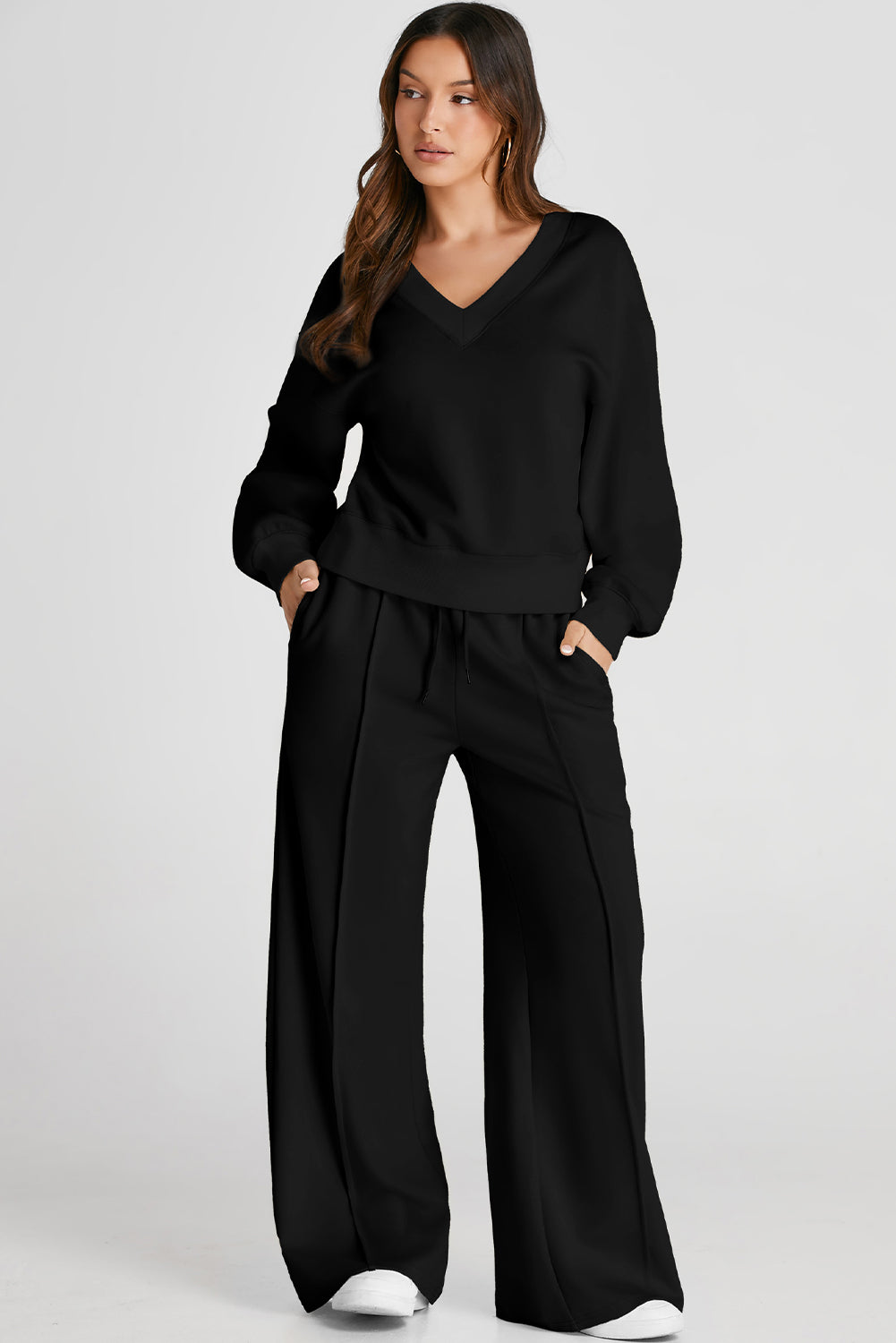 Black V Neck Cropped Seamed High Waist Activewear Set