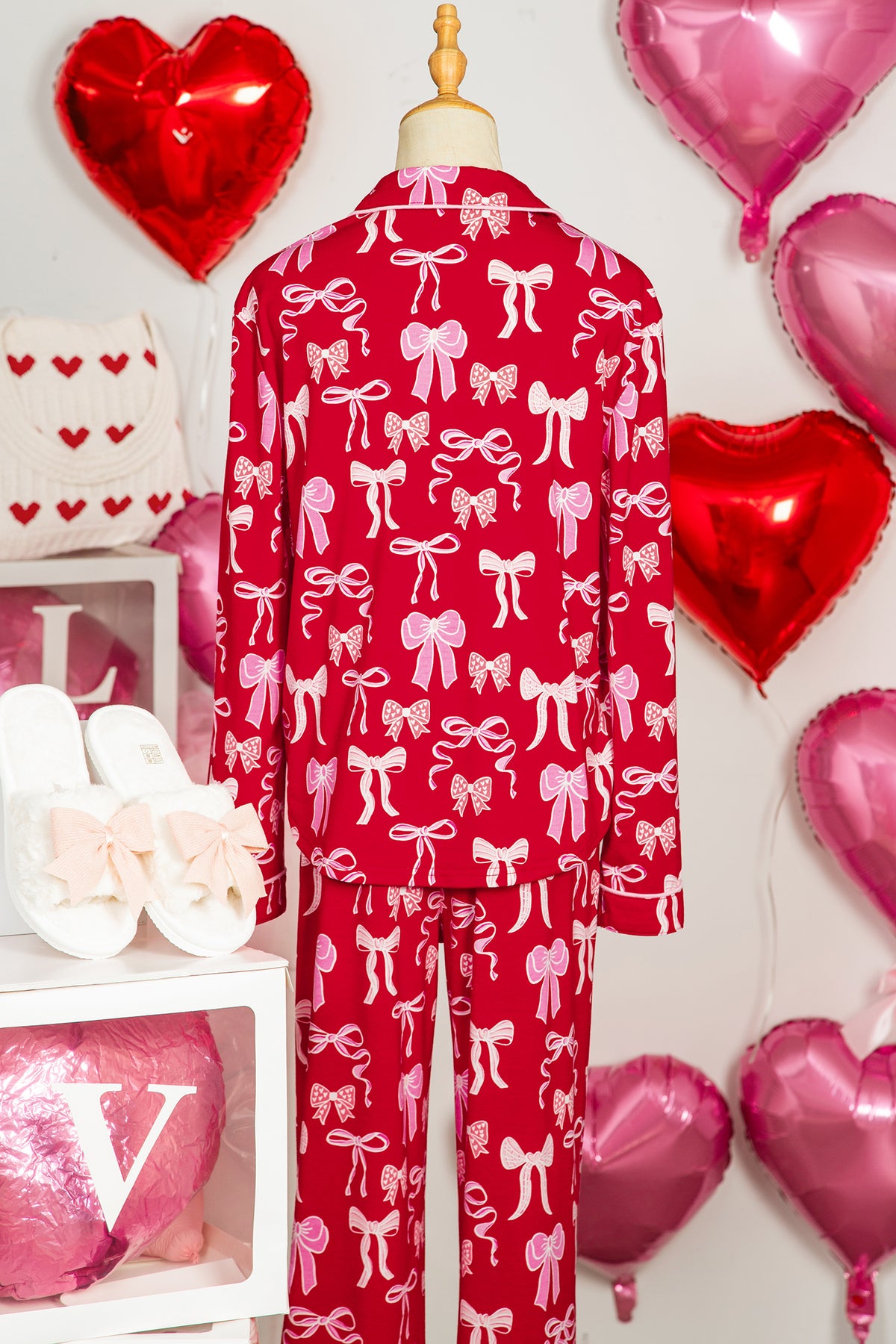Red Sweet Bow Print Shirt Style Top Long Pajama Set