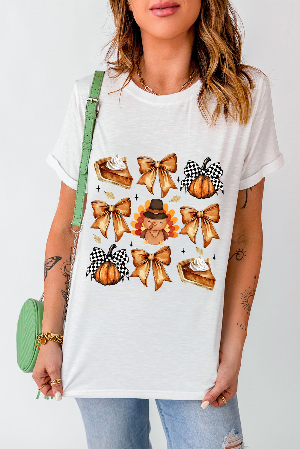 White Cute Bowknot Tanksgiving Graphic Crewneck T-Shirt