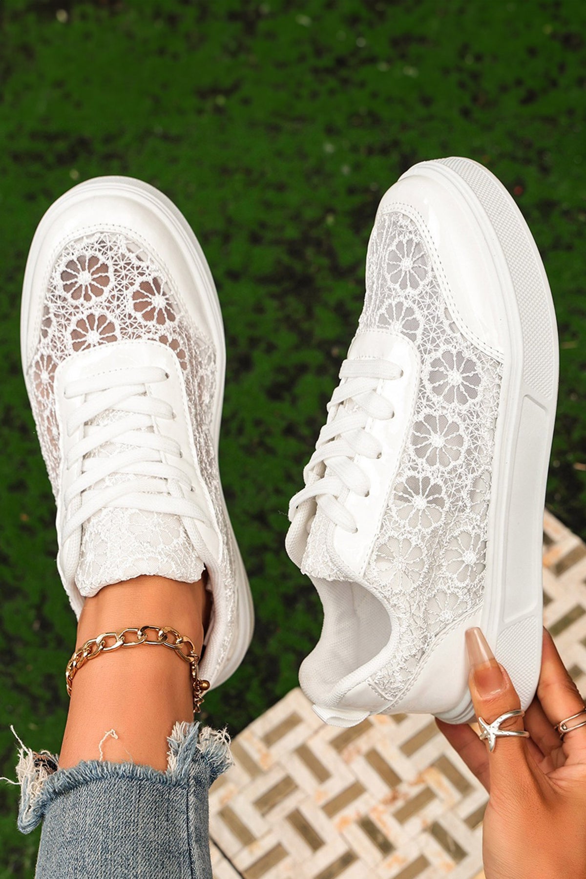 black Sheer Floral Lace Slip-On Casual Sneakers