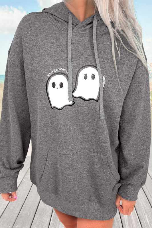 Dark Grey Cute Halloween Ghost Print Mineral Wash Hoodie
