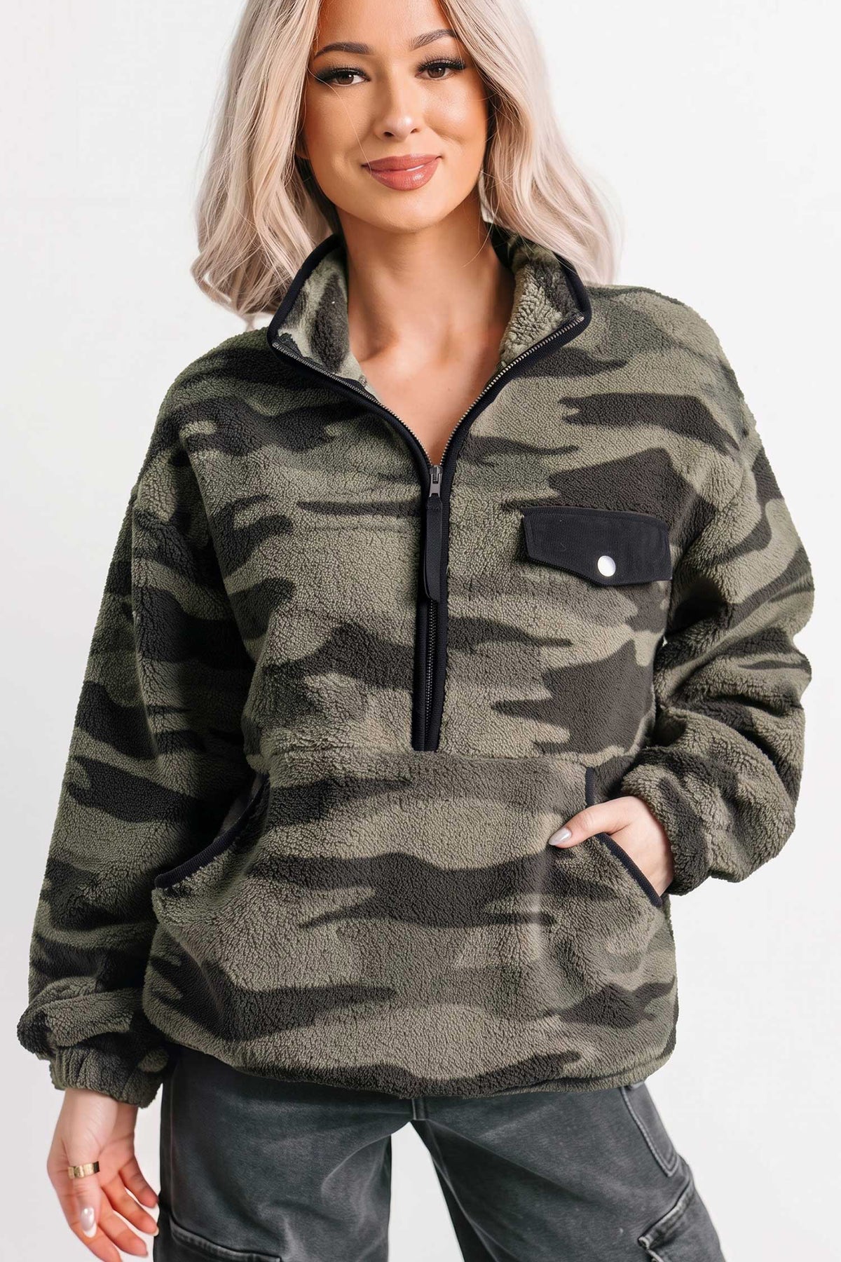 Multicolor Camo Fleece Half Zip Pocket Sweatshirt